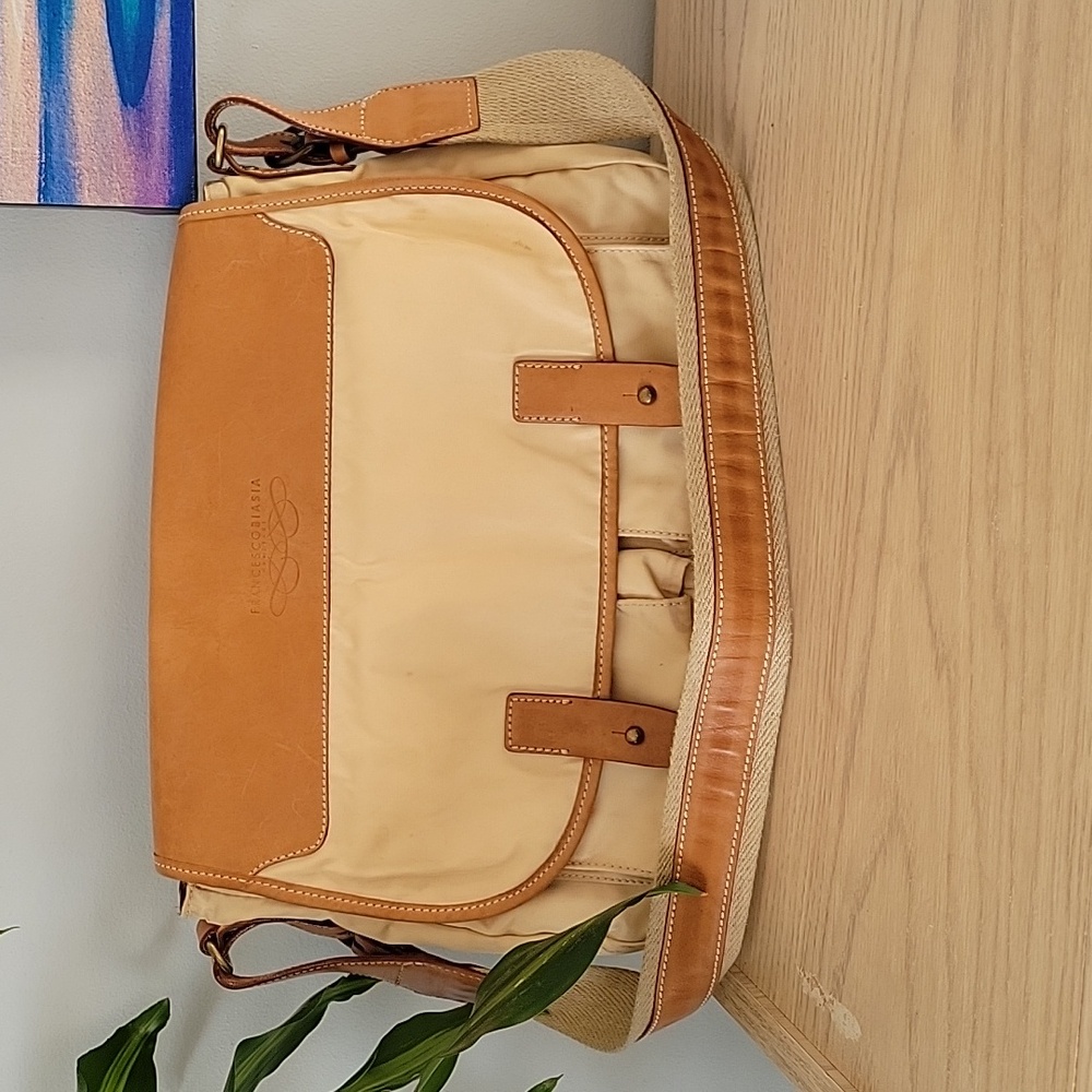 Francesco Biasia Leather Nylon and Canvas Crossbody Bag in Deep Cream & Cognac